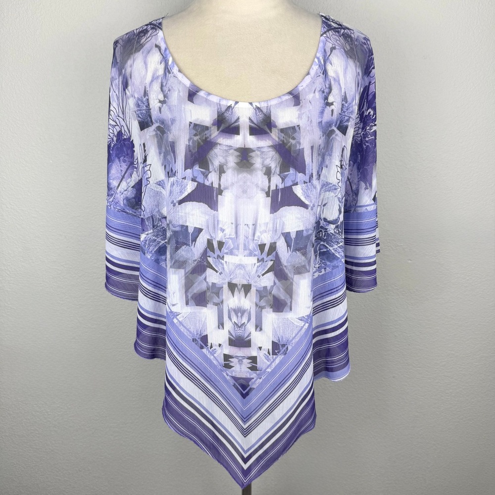 World Unity Woman's Chic Purple White Abstract Floral Poncho Top Size Plus 1X